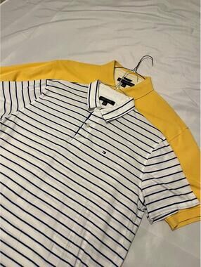 Lot of 2 Tommy Hilfiger Men's Polo Shirts Striped White Blue & Solid Yellow XL